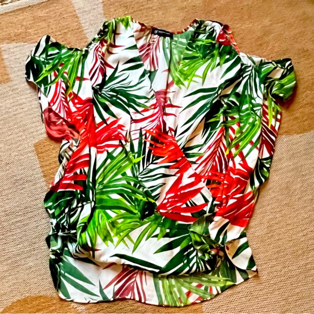 INC Plus Size Cold-Shoulder Faux-Wrap Crossover Top 0X, Pleasant Palms #2086
